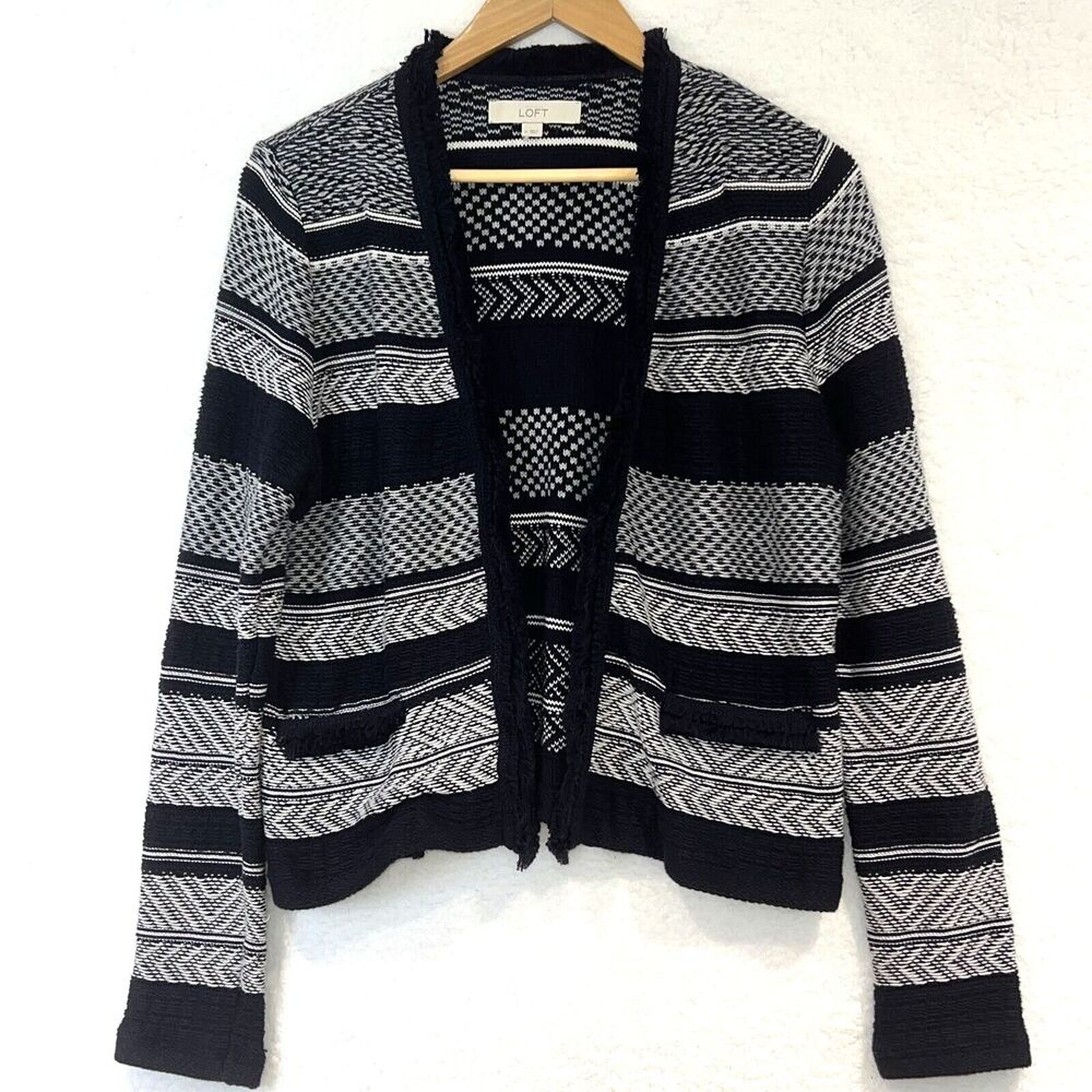 LOFT Navy and White Striped Fringe Trim Open Front Cardigan Sweater Jacket Sz M